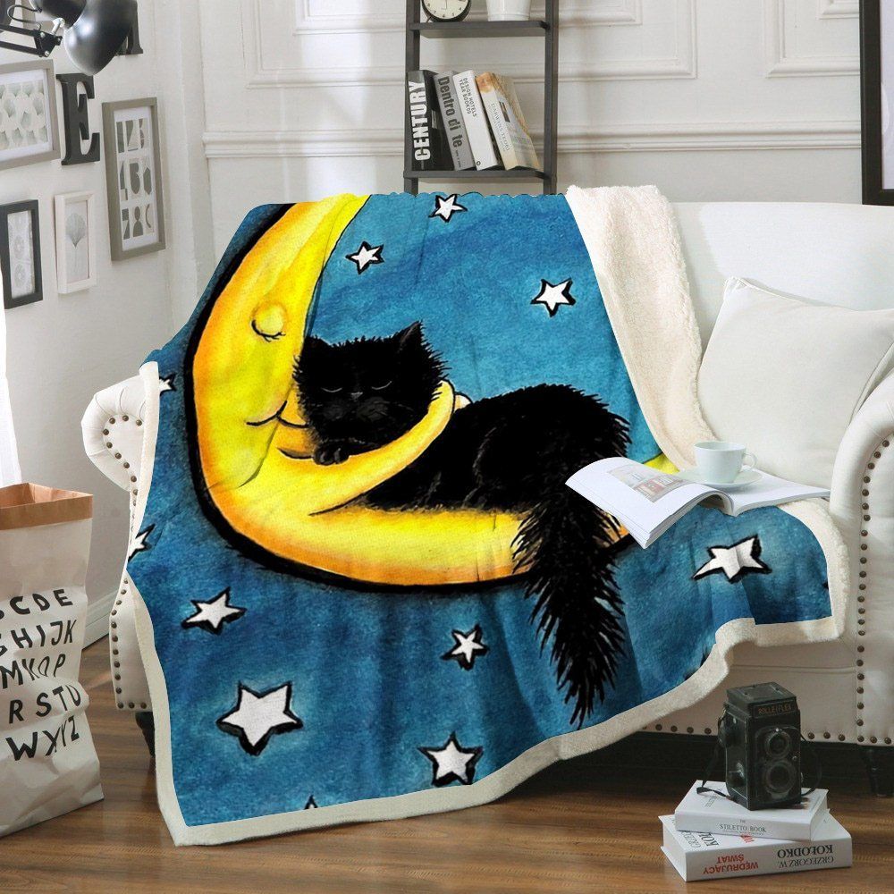 Cat And Moon Sherpa Fleece Blanket
