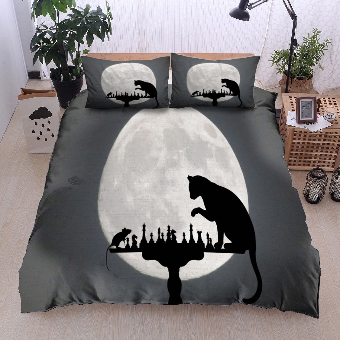 Cat And Mouse Playing Chess In The Moonlight Bedding Set