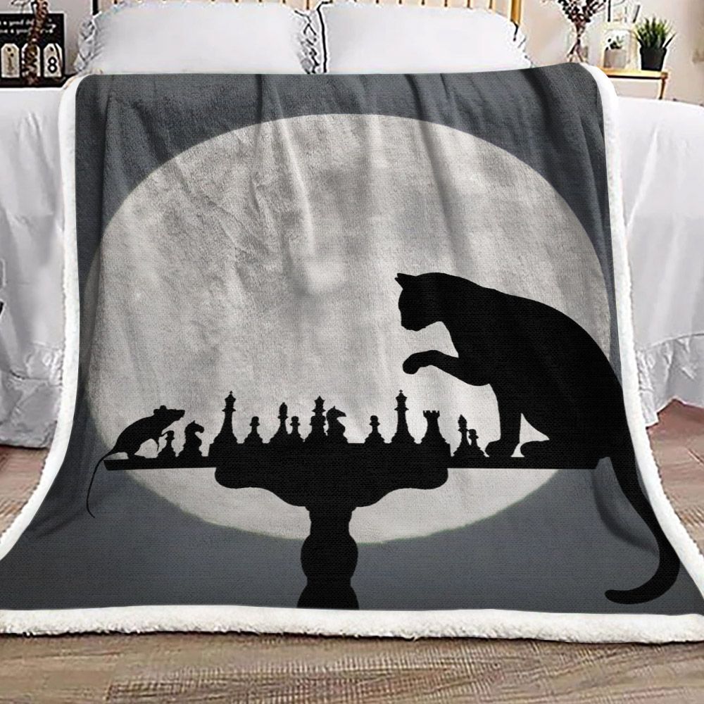 Cat And Mouse Playing Chess In The Moonlight Sherpa Fleece Blanket