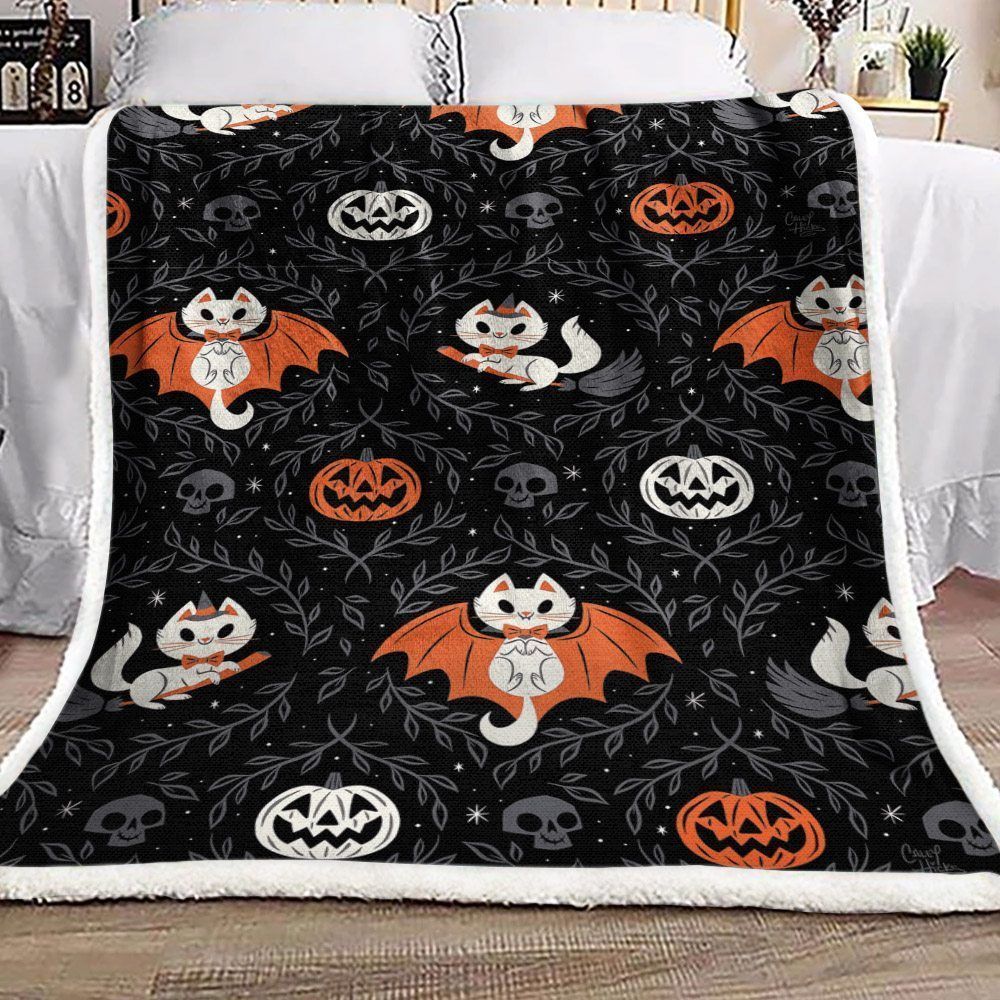 Cat And Pumpkin Sherpa Fleece Blanket