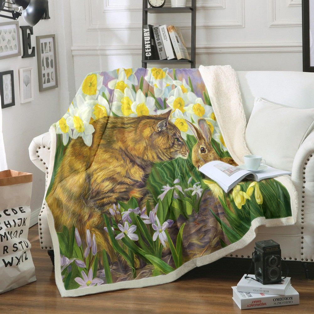 Cat And Rabbit Sherpa Fleece Blanket