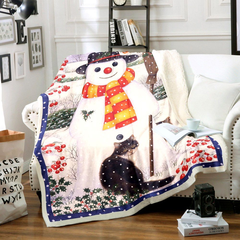 Cat And Snowman Sherpa Fleece Blanket