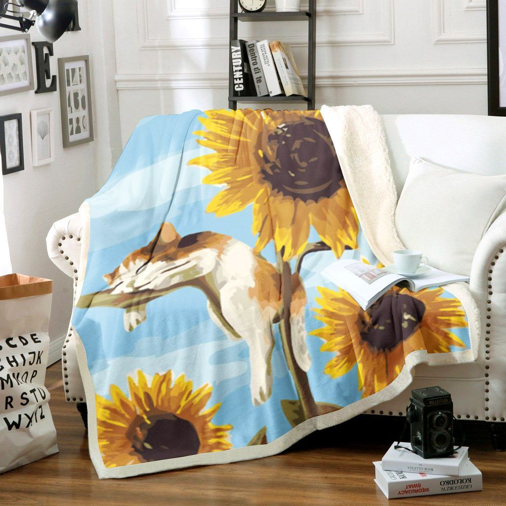 Cat And Sunflower Sherpa Fleece Blanket