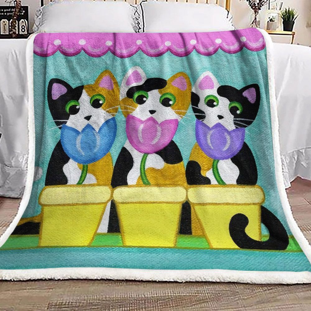 Cat And Tulip Sherpa Fleece Blanket