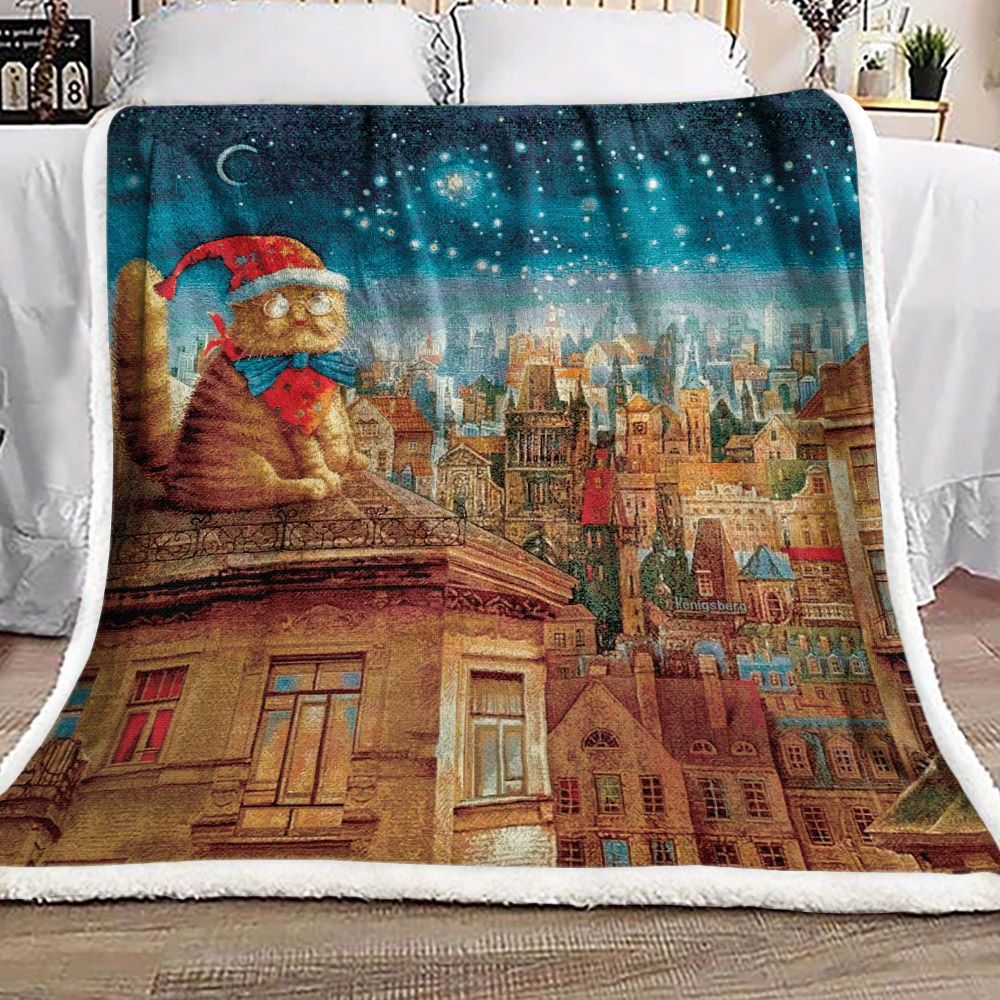 Cat At Night City Sherpa Fleece Blanket
