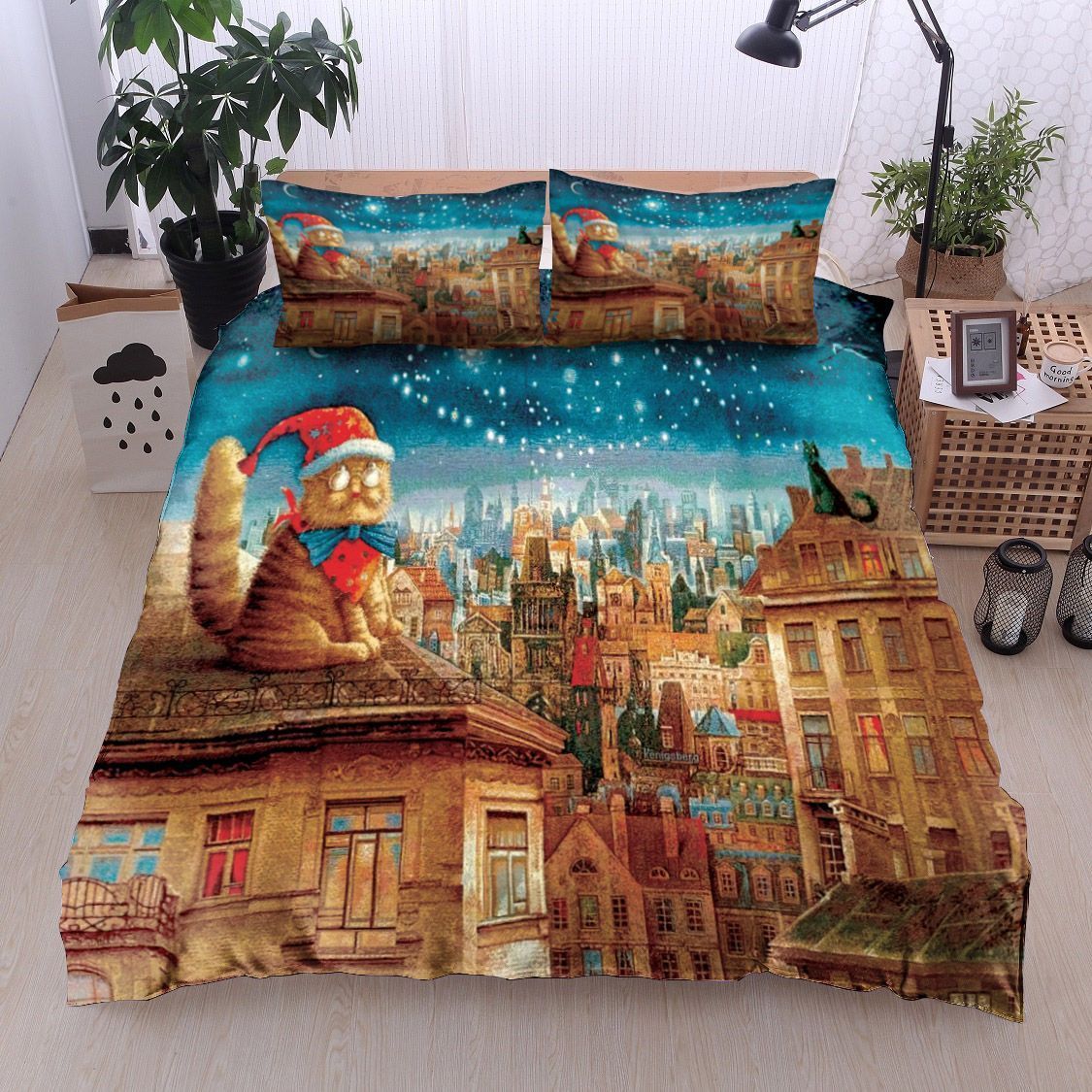 Cat At Night City Bedding Set