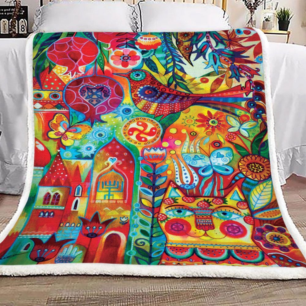 Cat Bird And Flower Sherpa Fleece Blanket