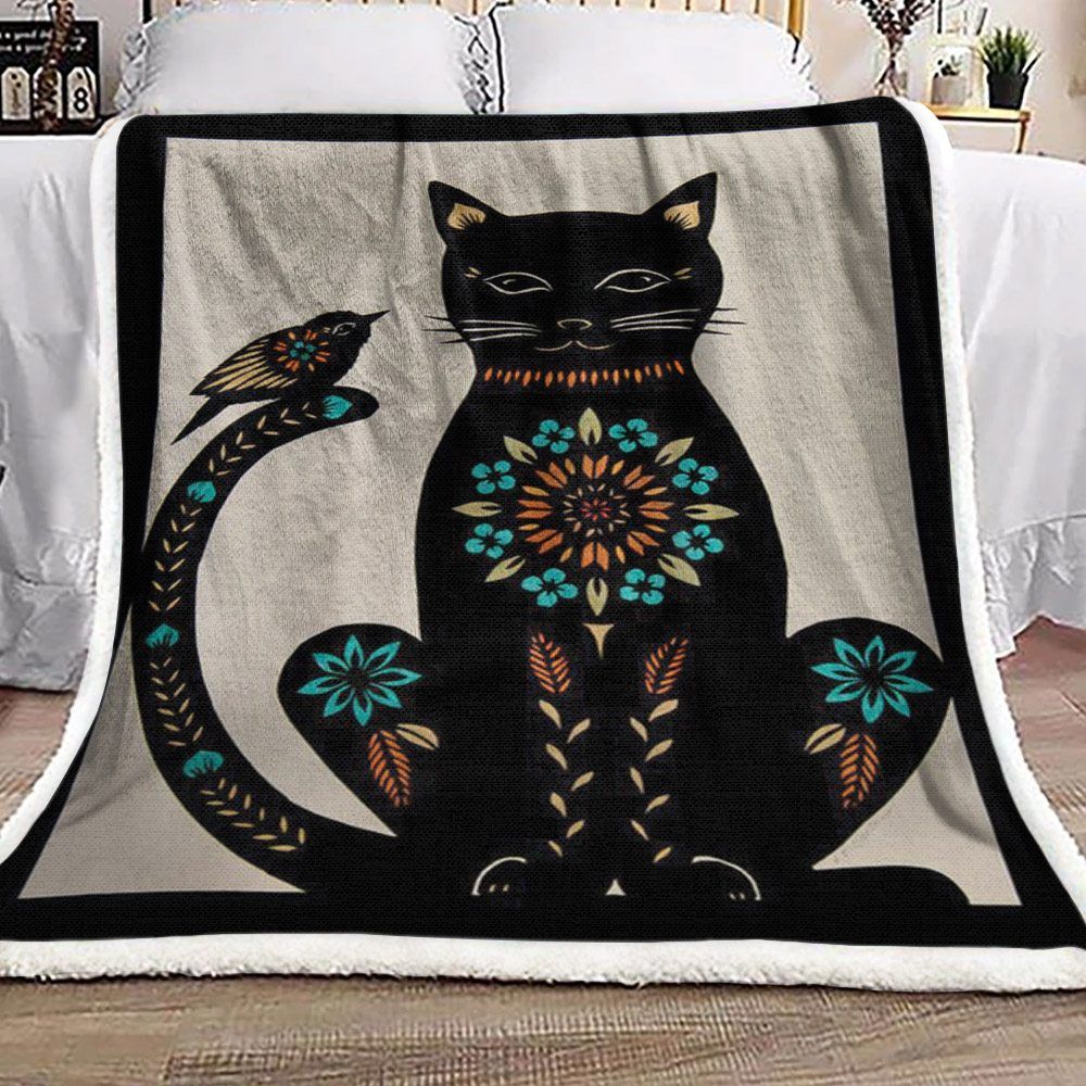 Cat Bird Flower Sherpa Fleece Blanket