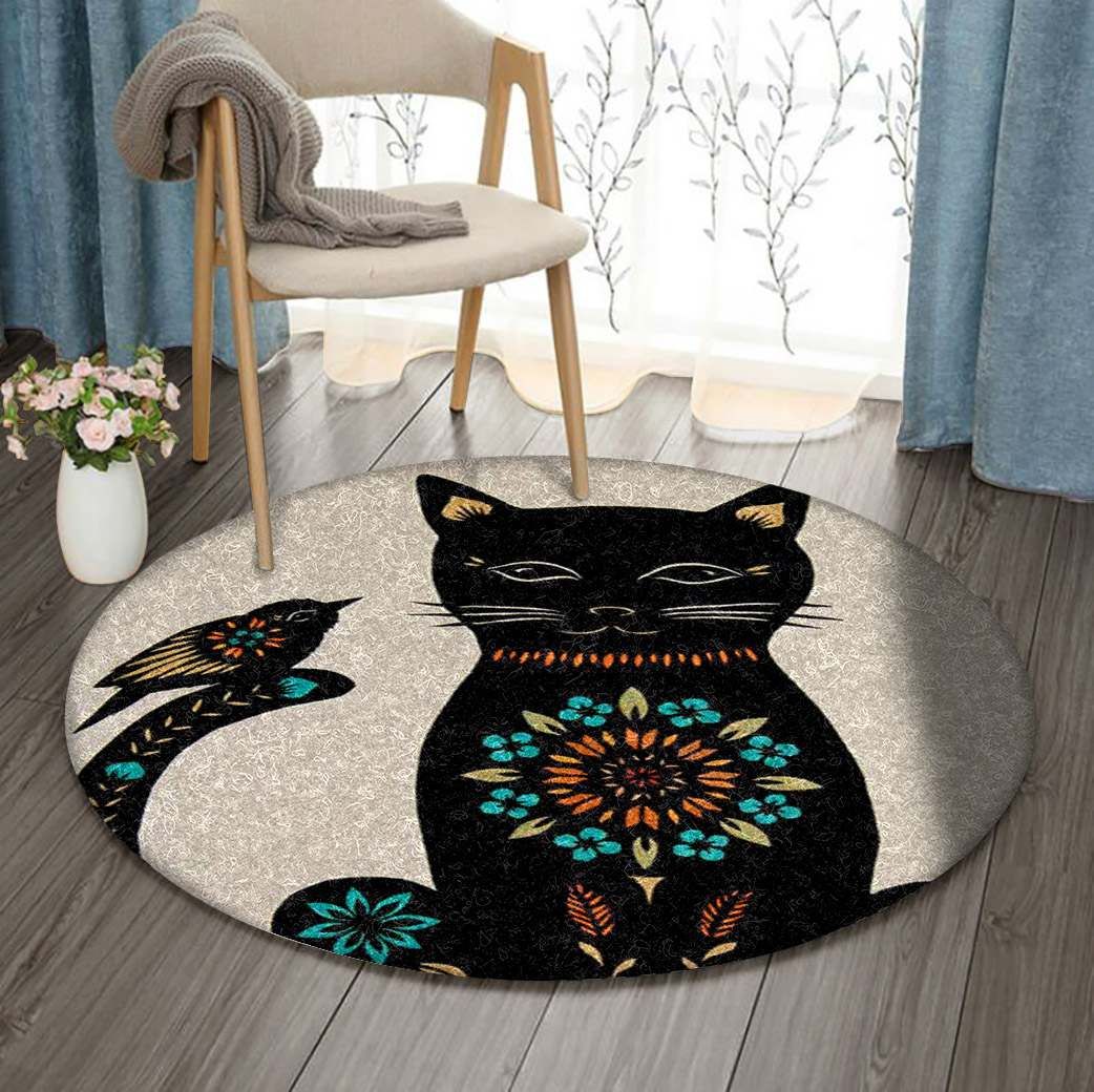 Cat Bird Flower Round Carpet