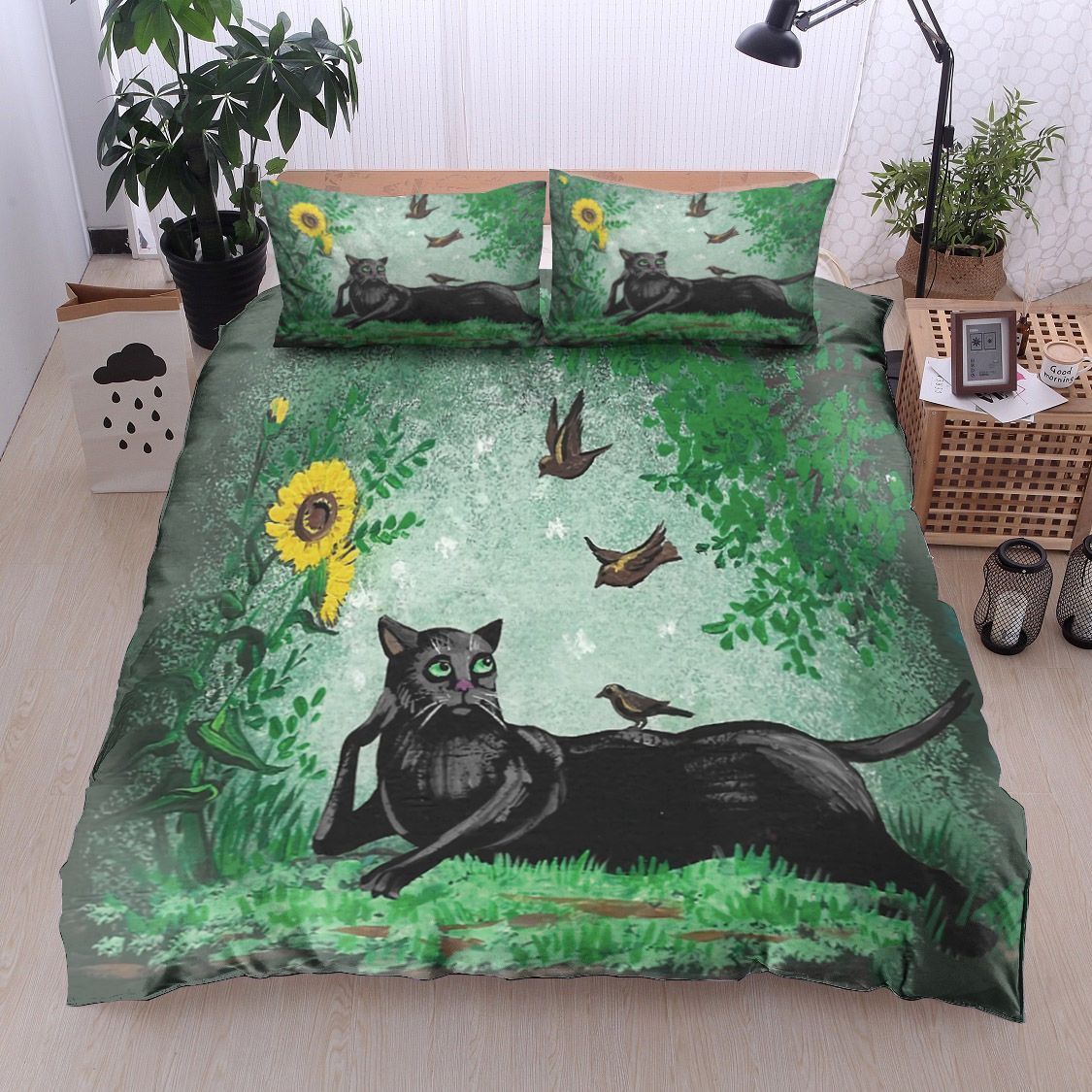 Cat Birds Sunflower Bedding Set