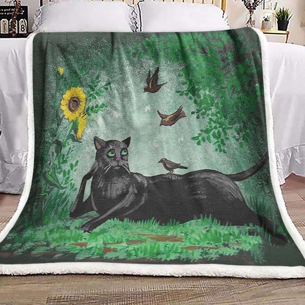 Cat Birds Sunflower Sherpa Fleece Blanket