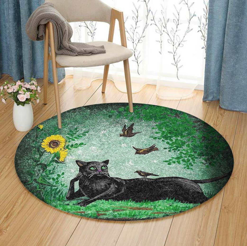 Cat Birds Sunflower Round Carpet
