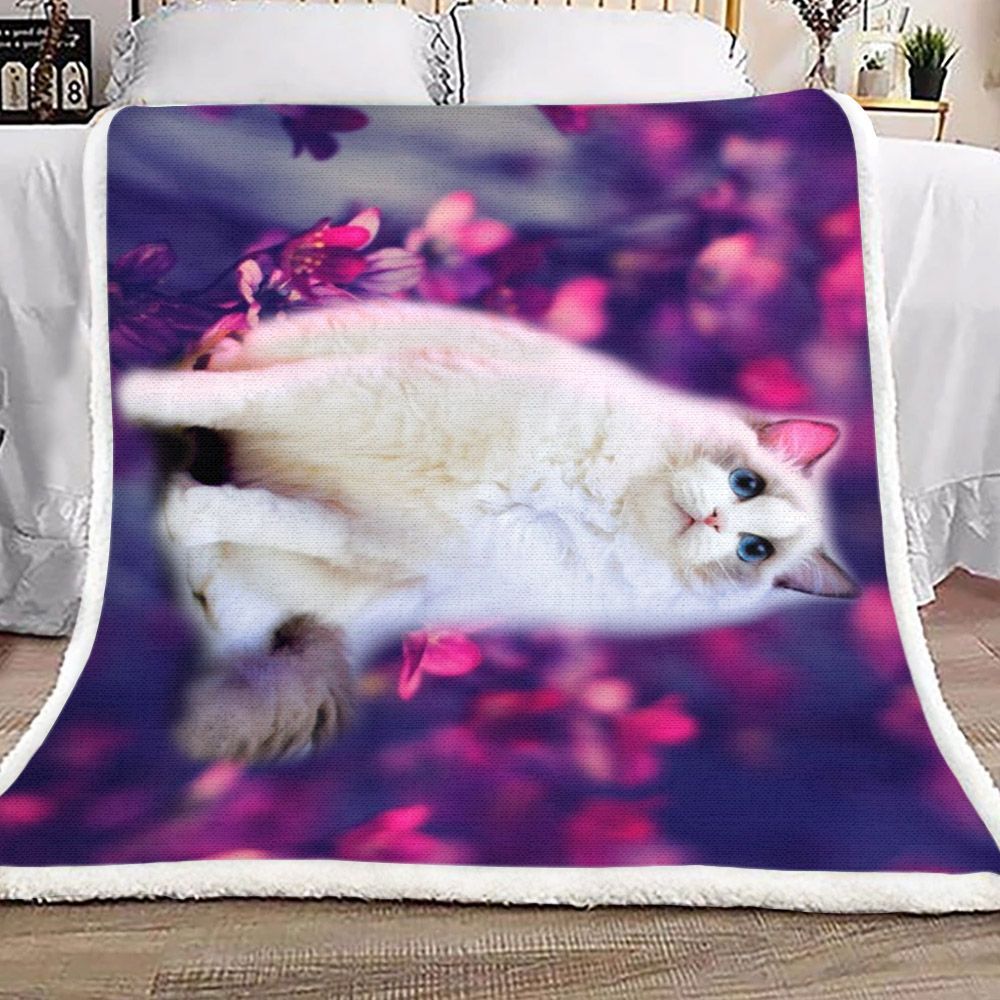 Cat Blossom Flower Sherpa Fleece Blanket