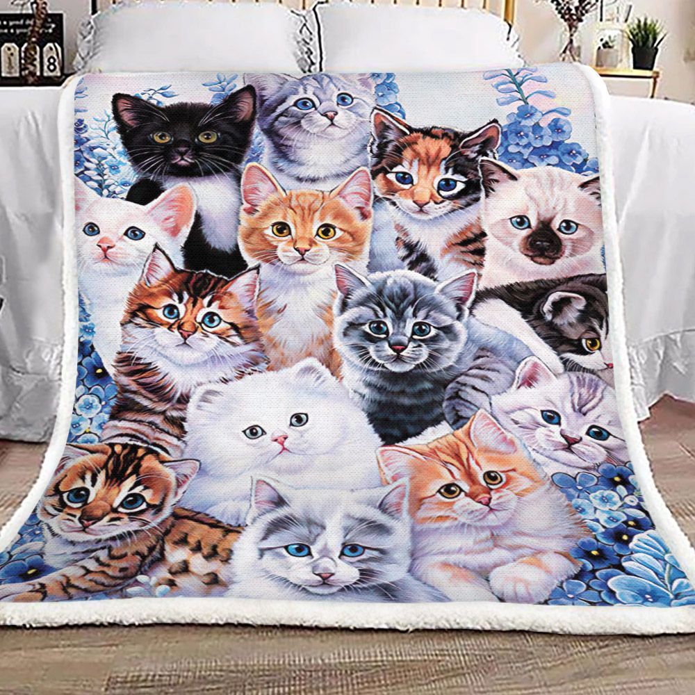 Cat Blue Flower Sherpa Fleece Blanket
