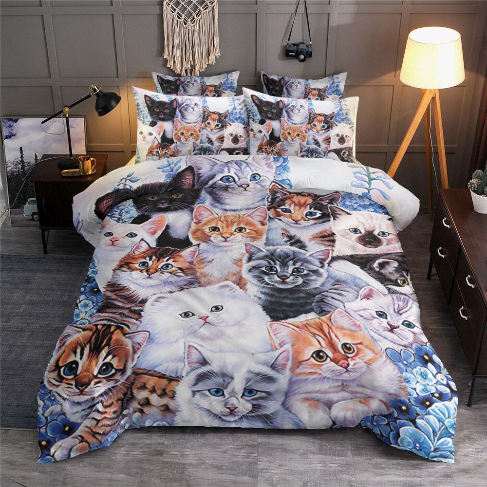 Cat Blue Flower Bedding Set