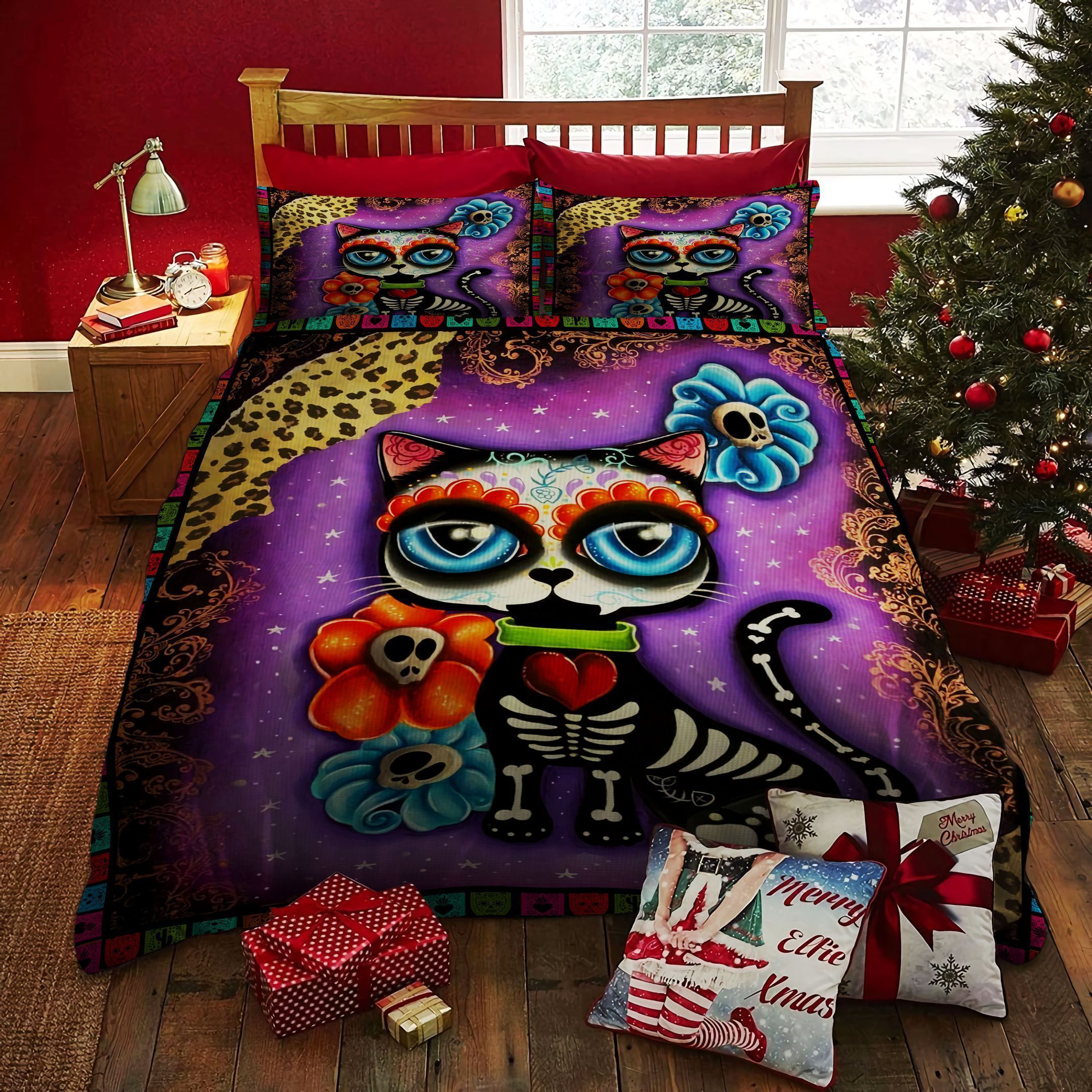 Cat Bones Day Of The Dead Bedding Set