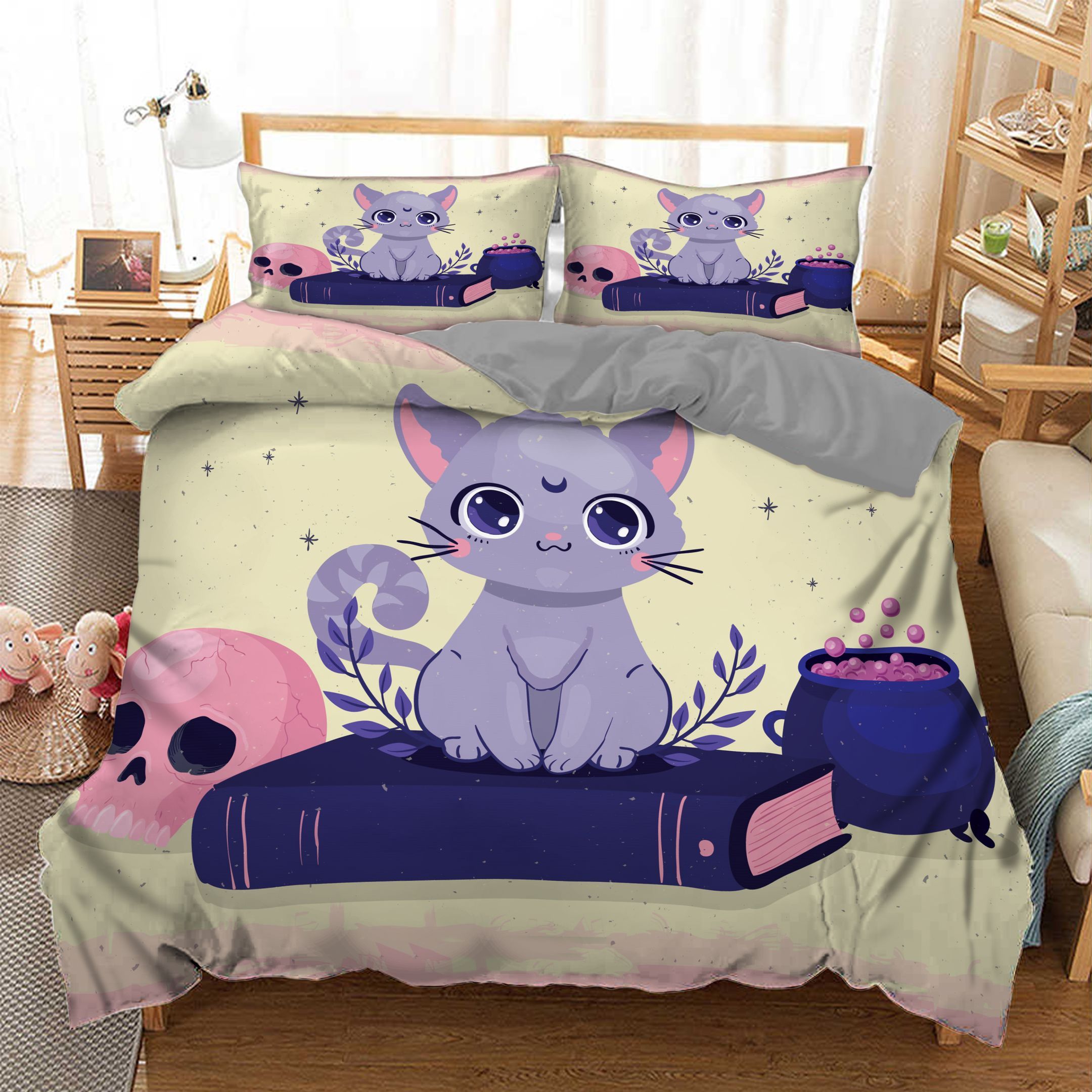Cat Book Skull  Bedding Set