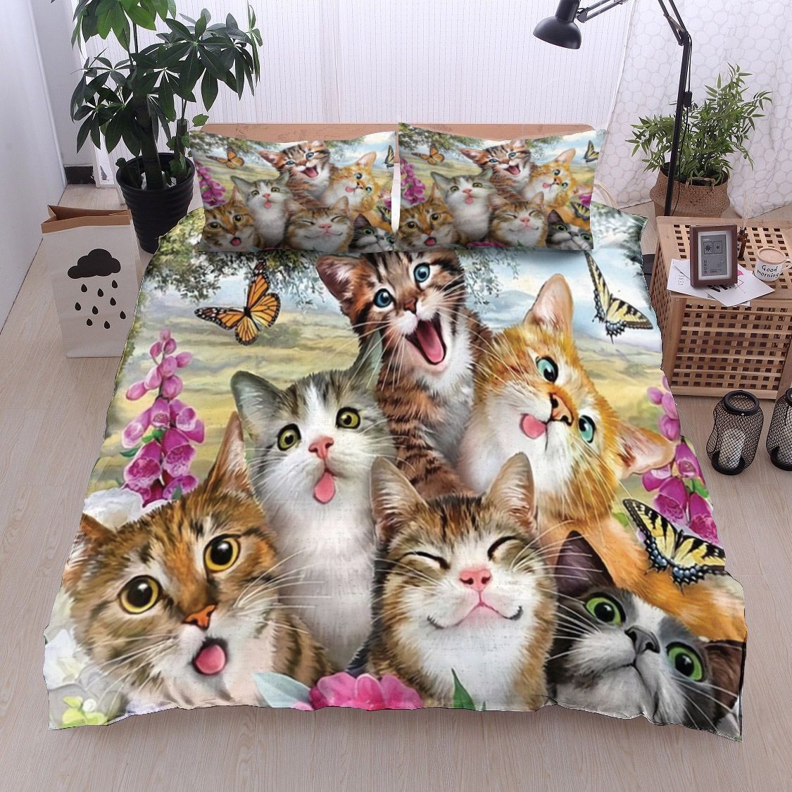 Cat Butterfly Flower Bedding Set