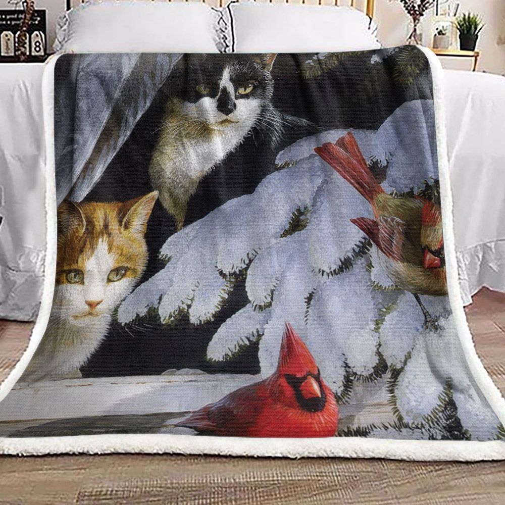 Cat Christmas Cardinal Sherpa Fleece Blanket