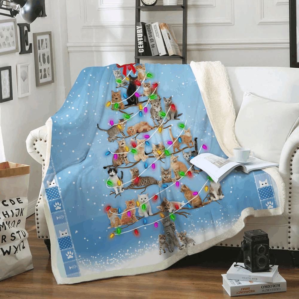 Cat Christmas Tree Sherpa Fleece Blanket