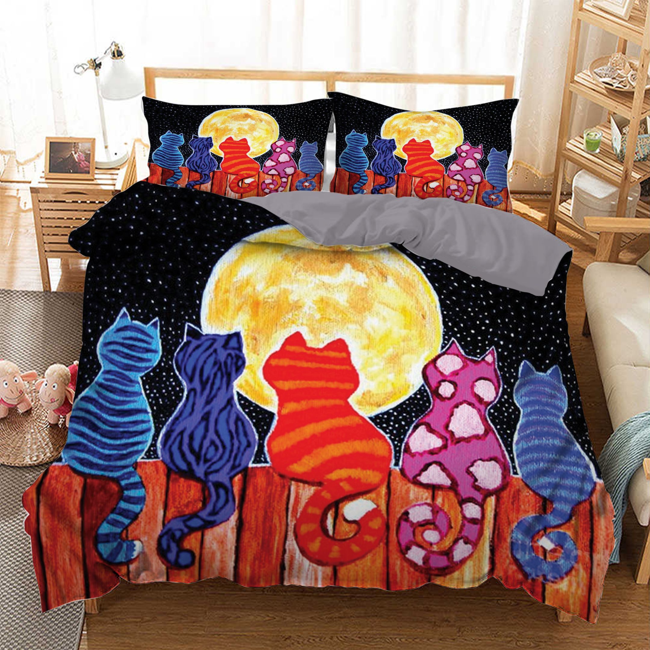 Cat Color and Moon  Bedding Set
