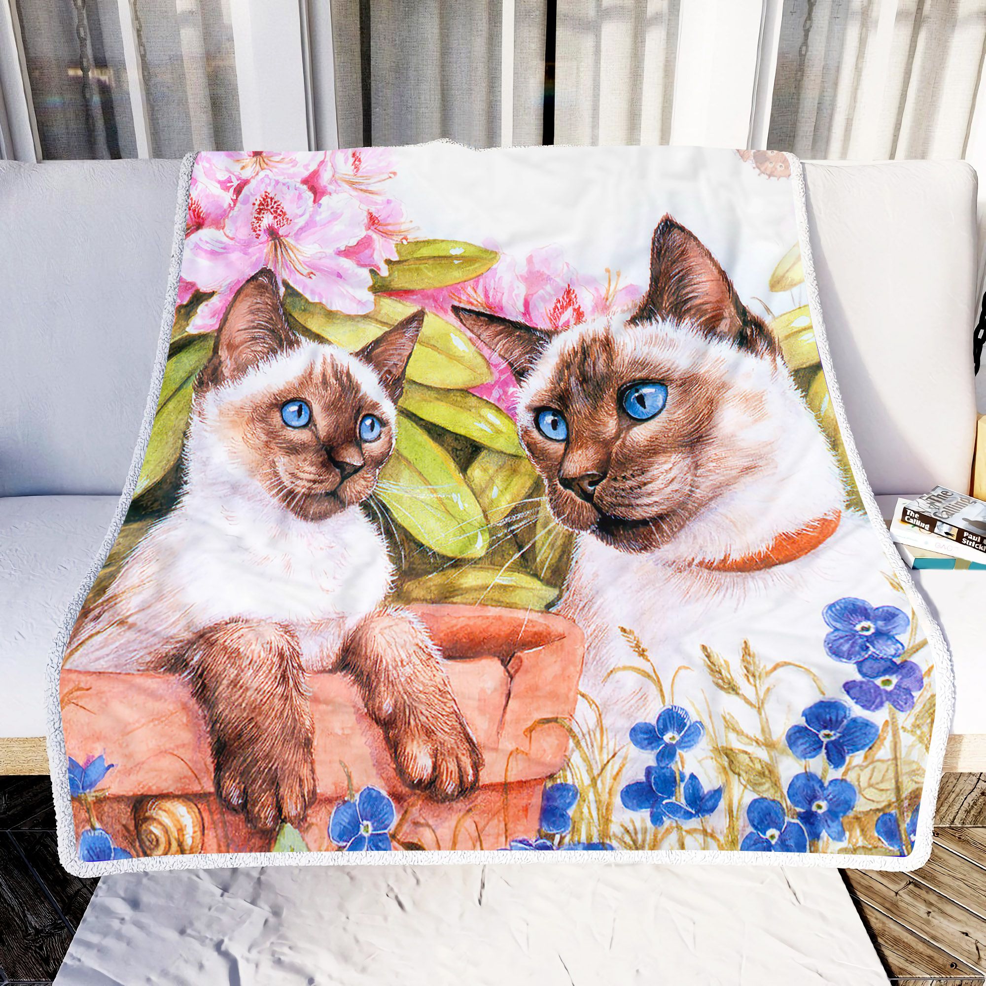 Cat Couple And Flowers Fleece Blanket