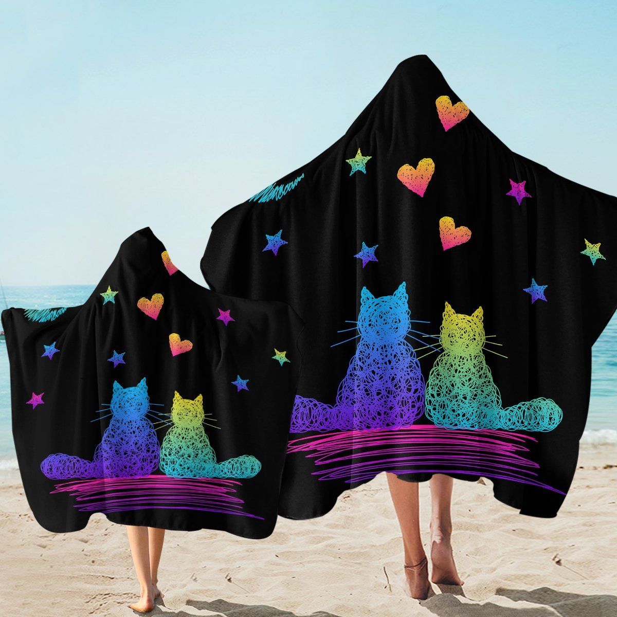 Cat Couple Romantic On Black Printed Hooded Towel