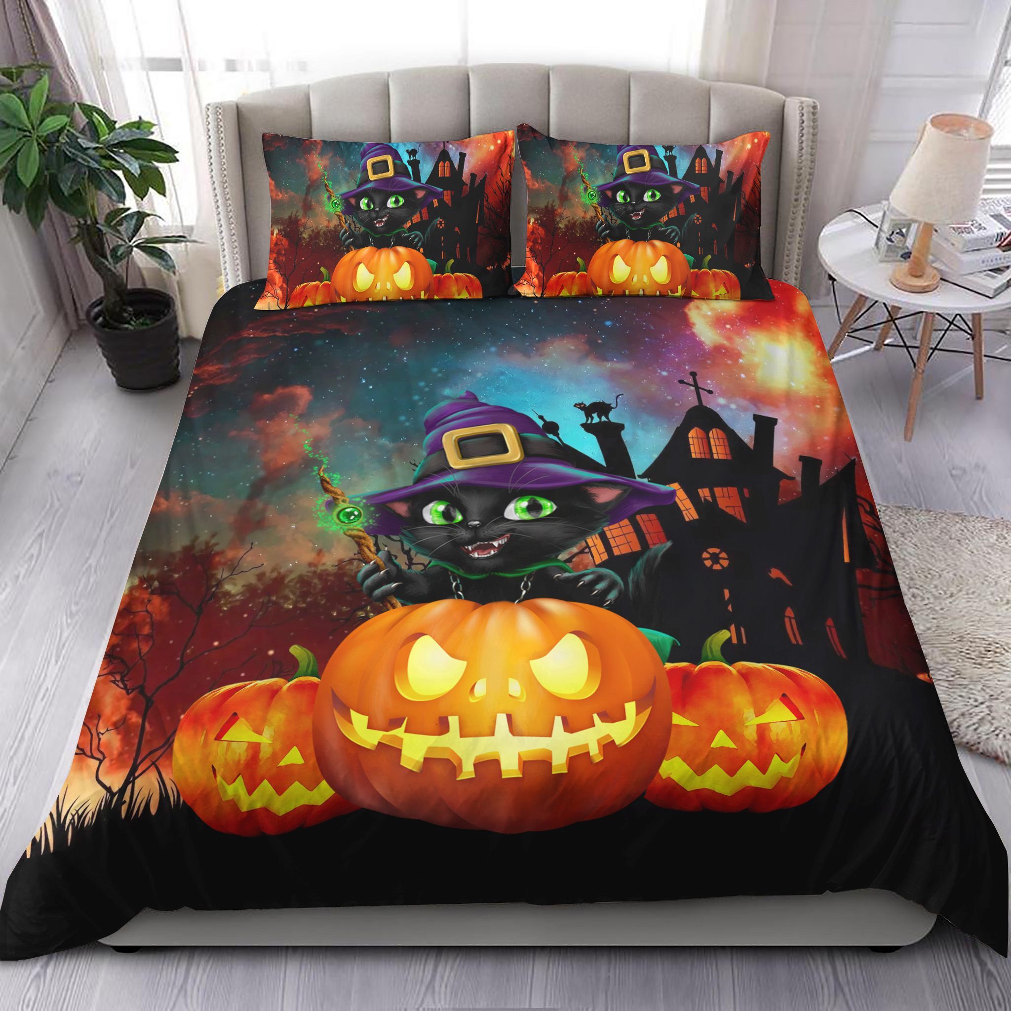 Cat Creepy Pumpkins Halloween Bedding Set