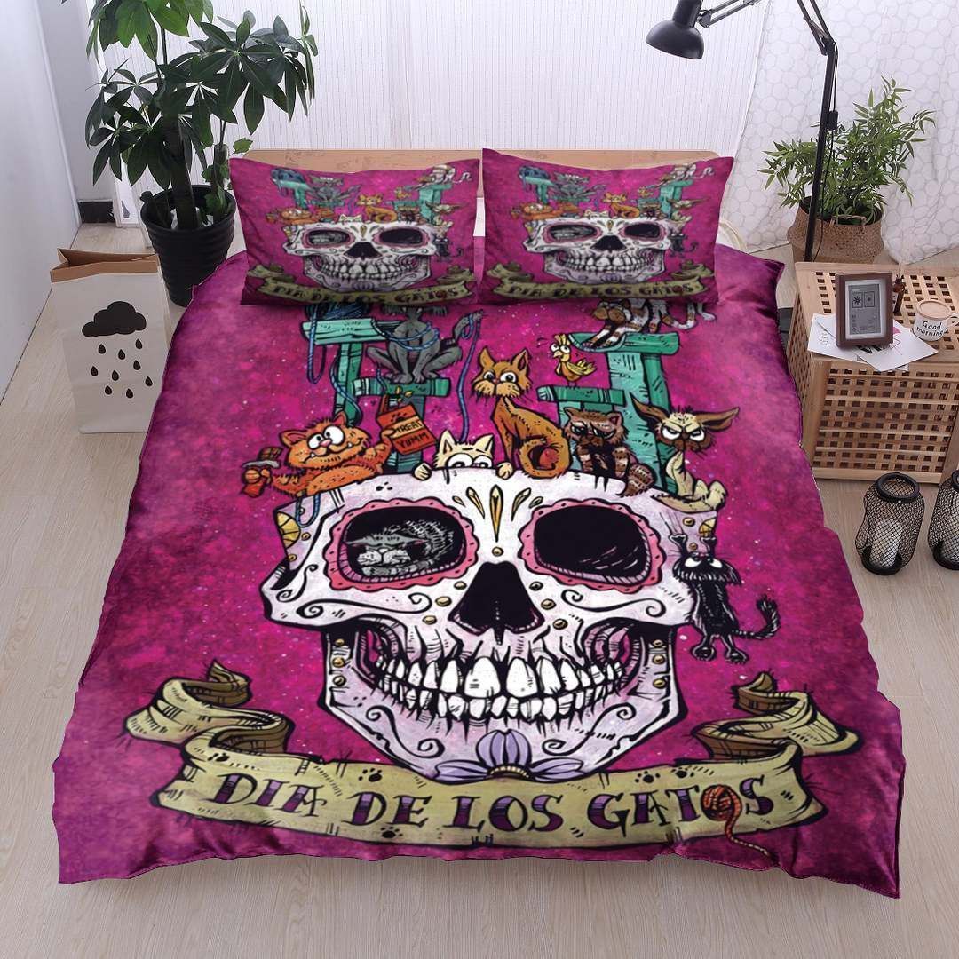 Cat Day Of The Dead Dark Pink Bedding Set