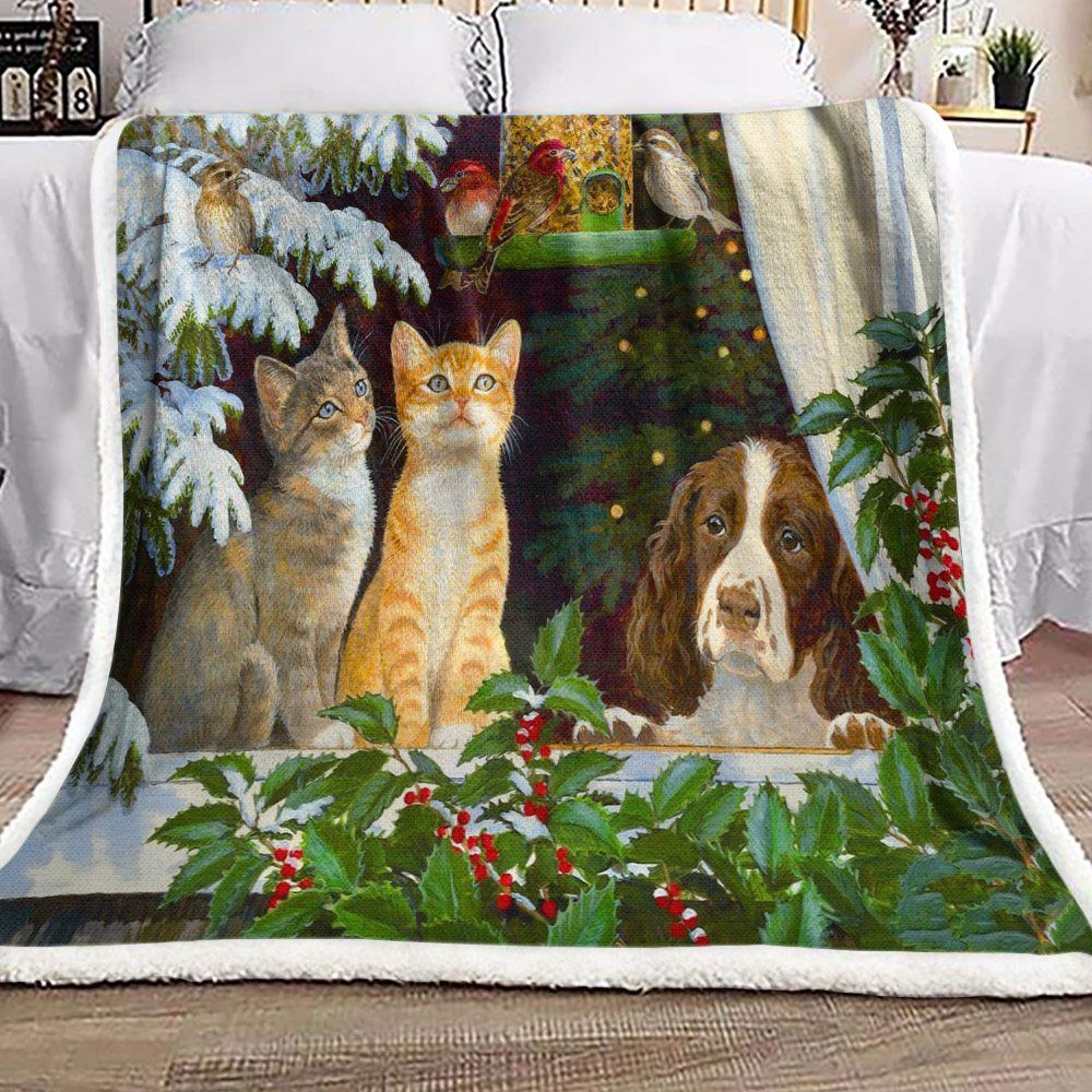 Cat Dog Bird Christmas Sherpa Fleece Blanket