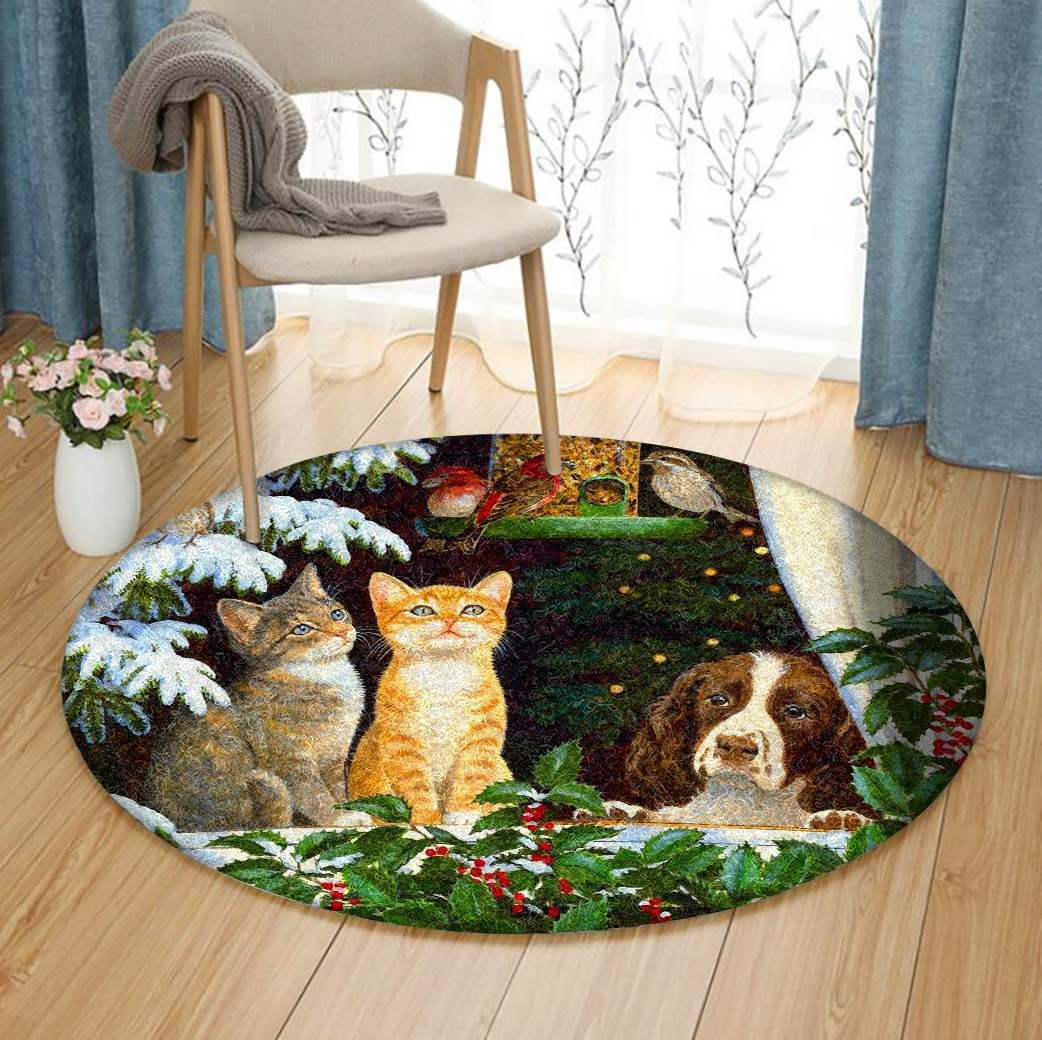 Cat Dog Bird Christmas Round Carpet