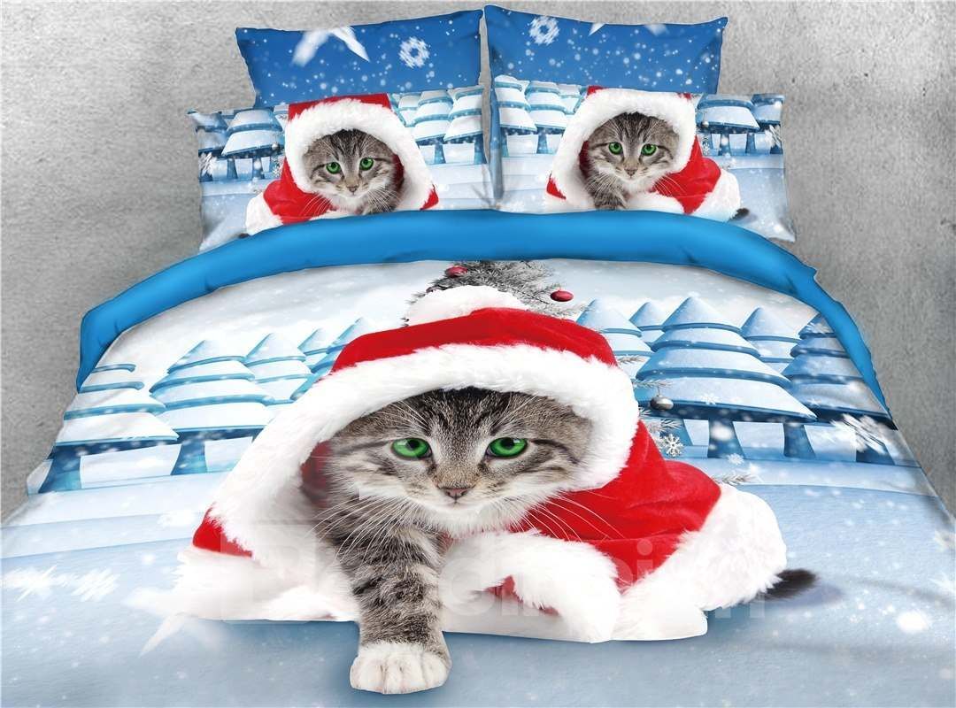 Cat Draped In A Blanket And Snow Scenery Bedding Set