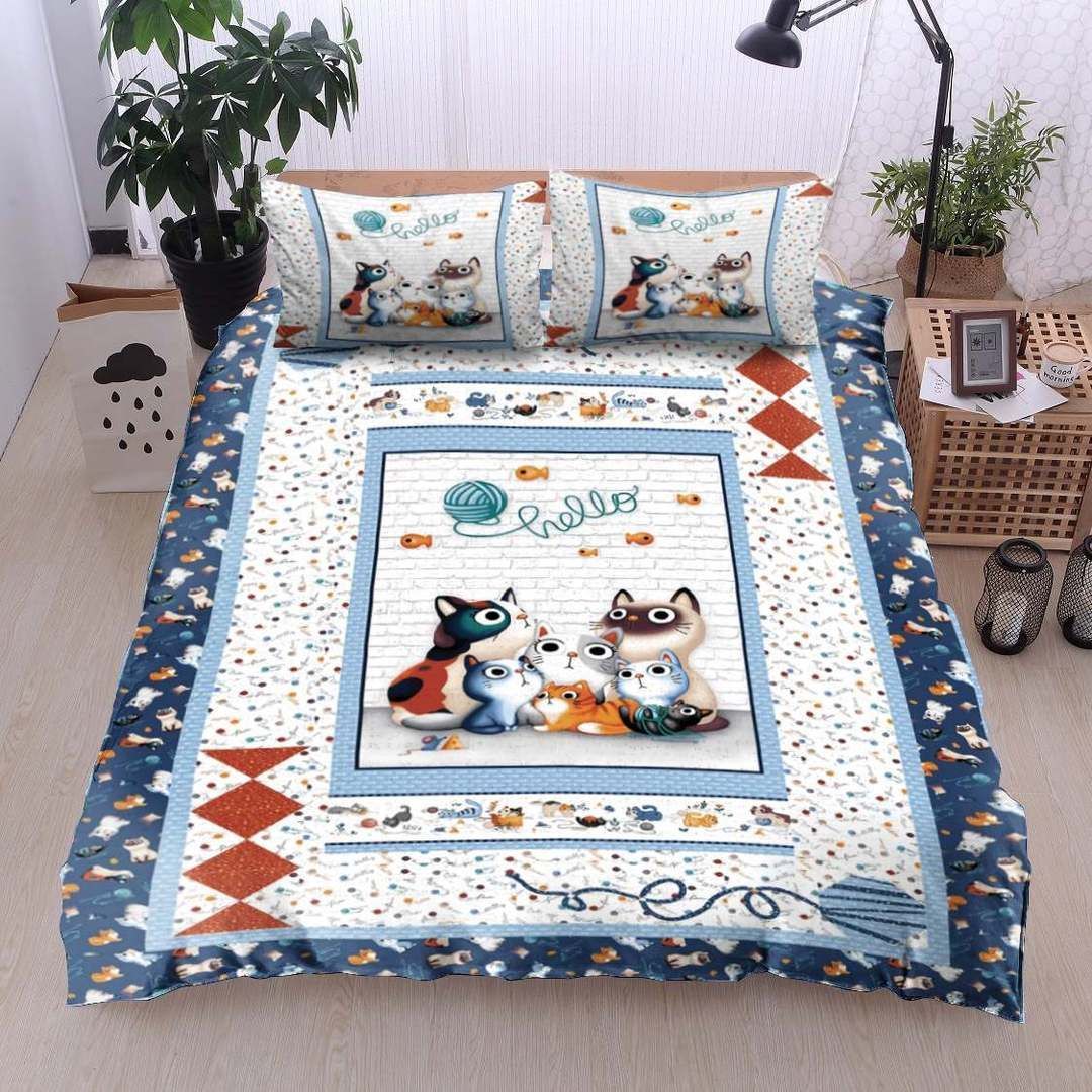 Cat Family Blue Border Bedding Set