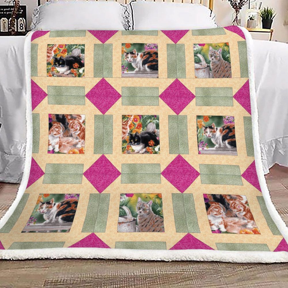 Cat Floral Vintage Sherpa Fleece Blanket