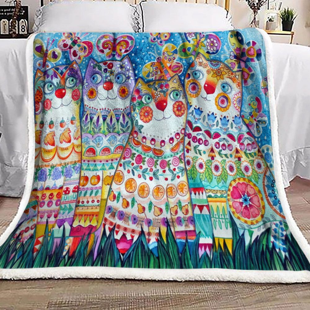 Cat Flower Butterfly Sherpa Fleece Blanket