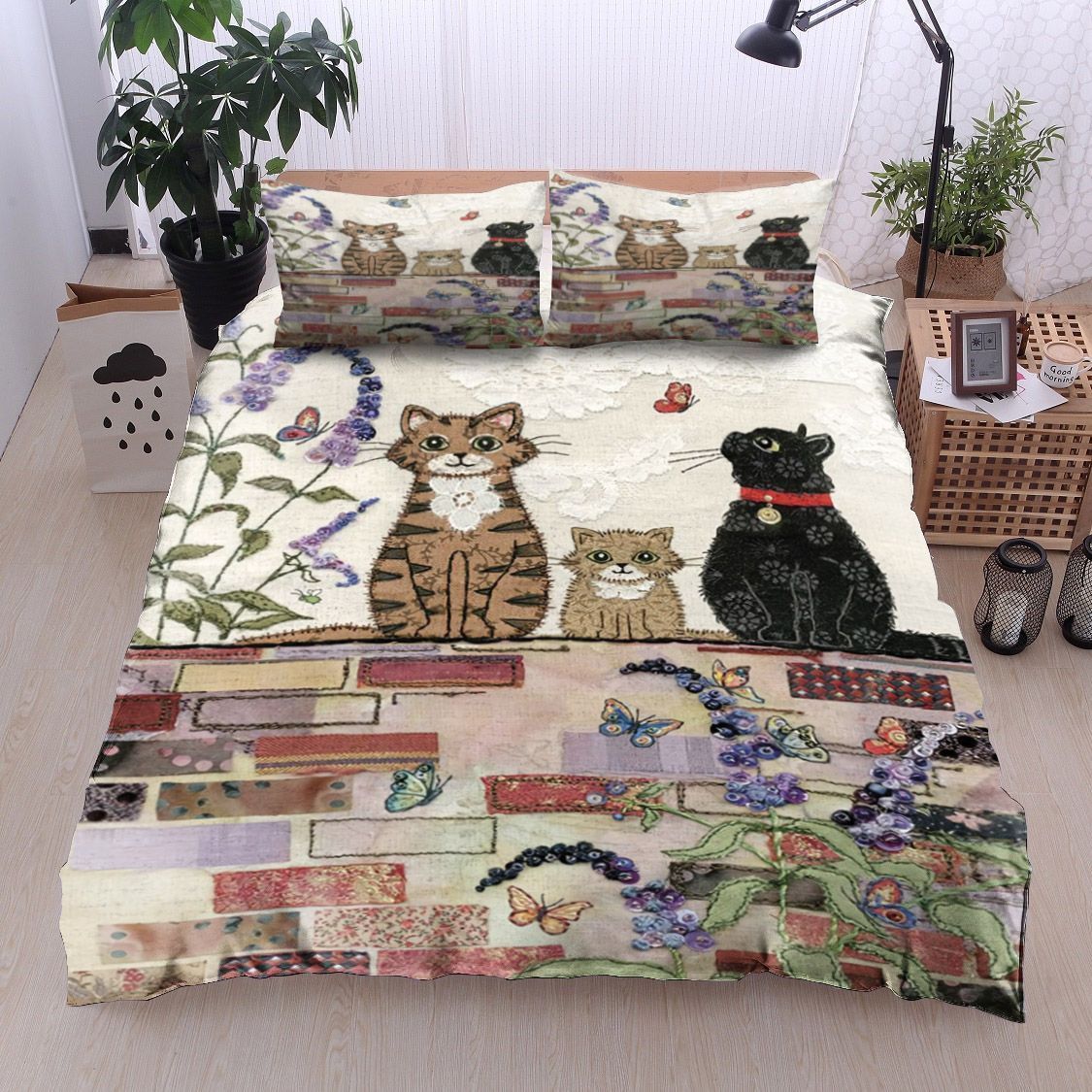 Cat Flower Butterfly Lavender Bedding Set
