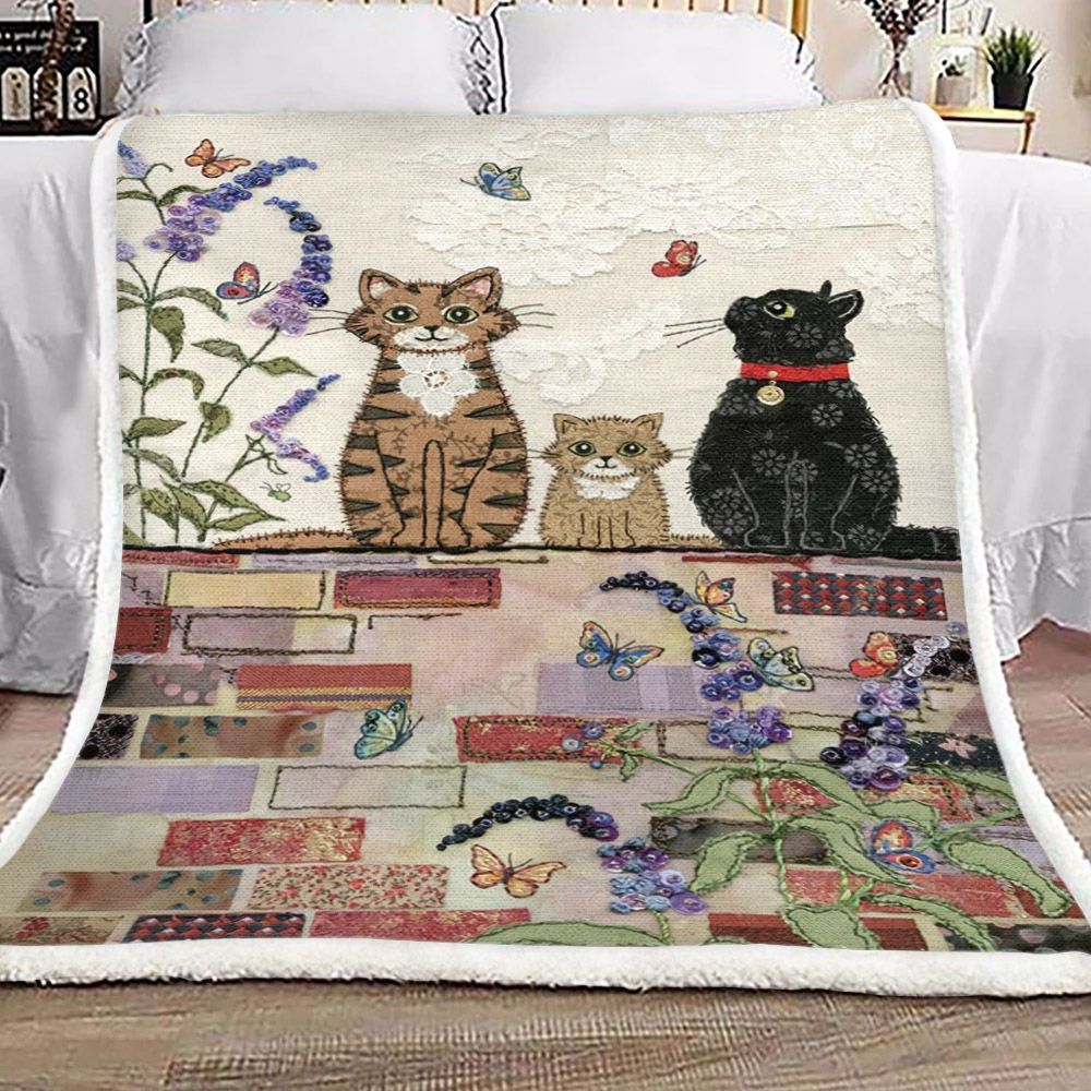 Cat Flower Butterfly Lavender Sherpa Fleece Blanket