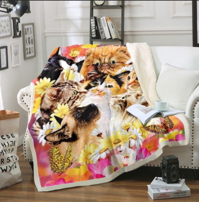 Cat Flower Field Sherpa Fleece Blanket