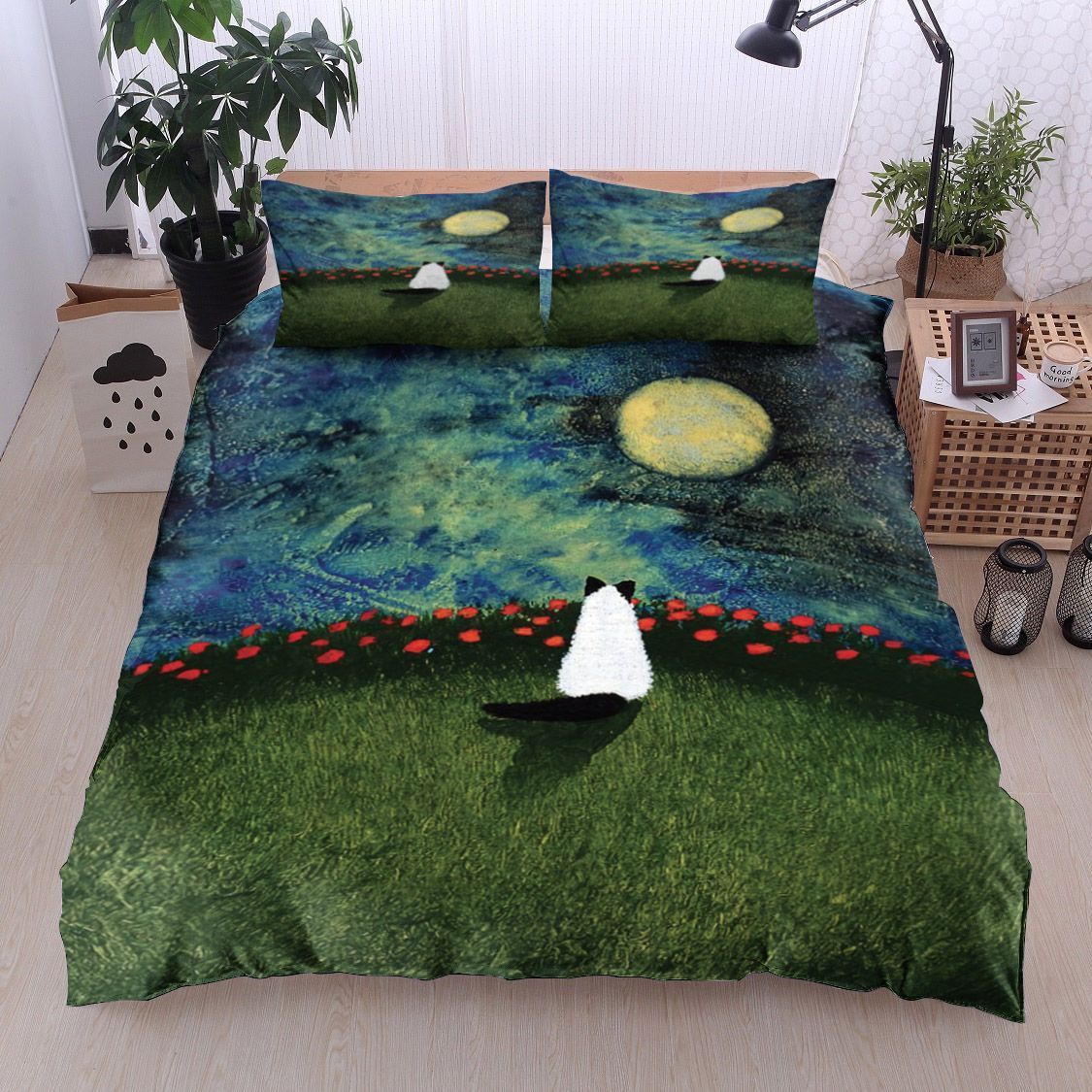 Cat Flower Moon Bedding Set