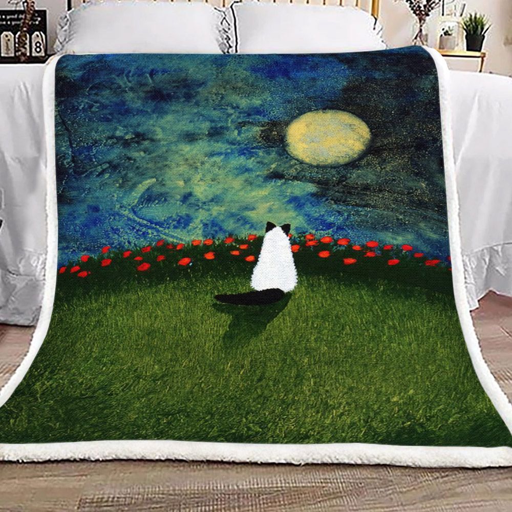 Cat Flower Moon Sherpa Fleece Blanket