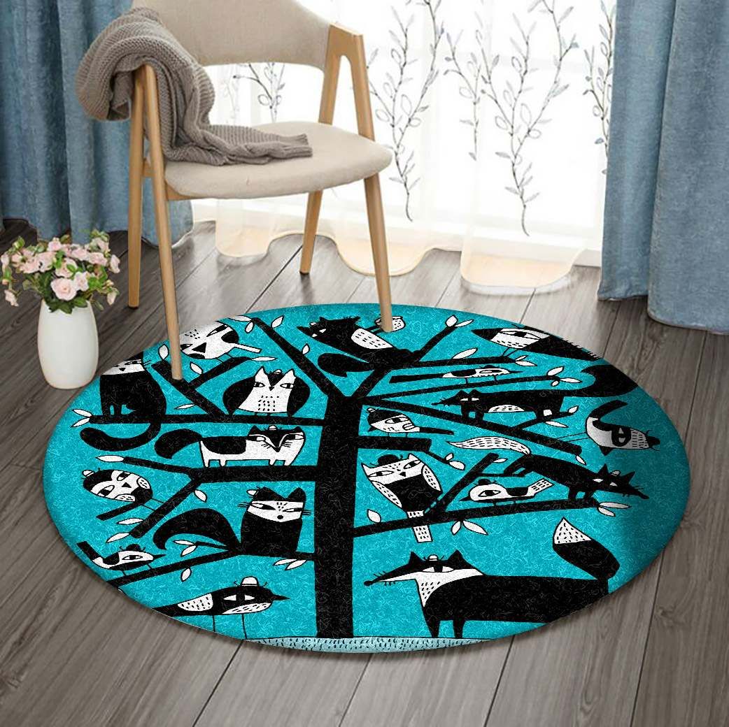 Cat Fox Bird Owl And Tree Round Carpet
