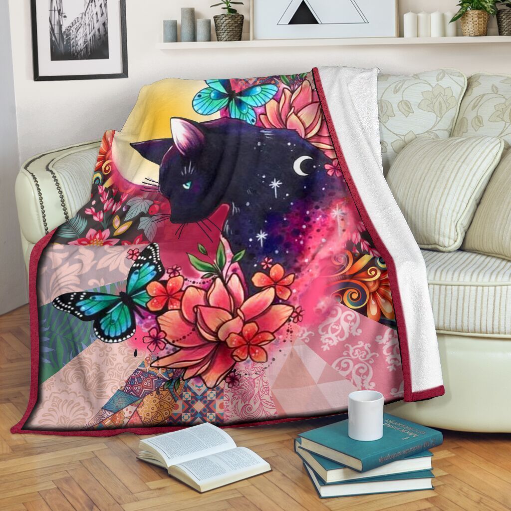 Cat Hippie Butterfly Sherpa Fleece Blanket