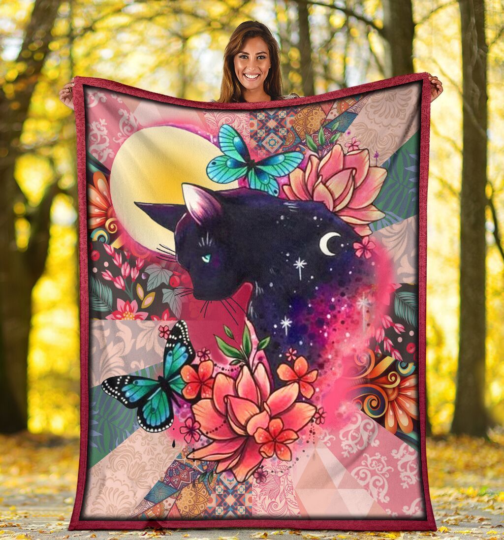 Cat Hippie Flower Butterfly Printed Fleece Blanket