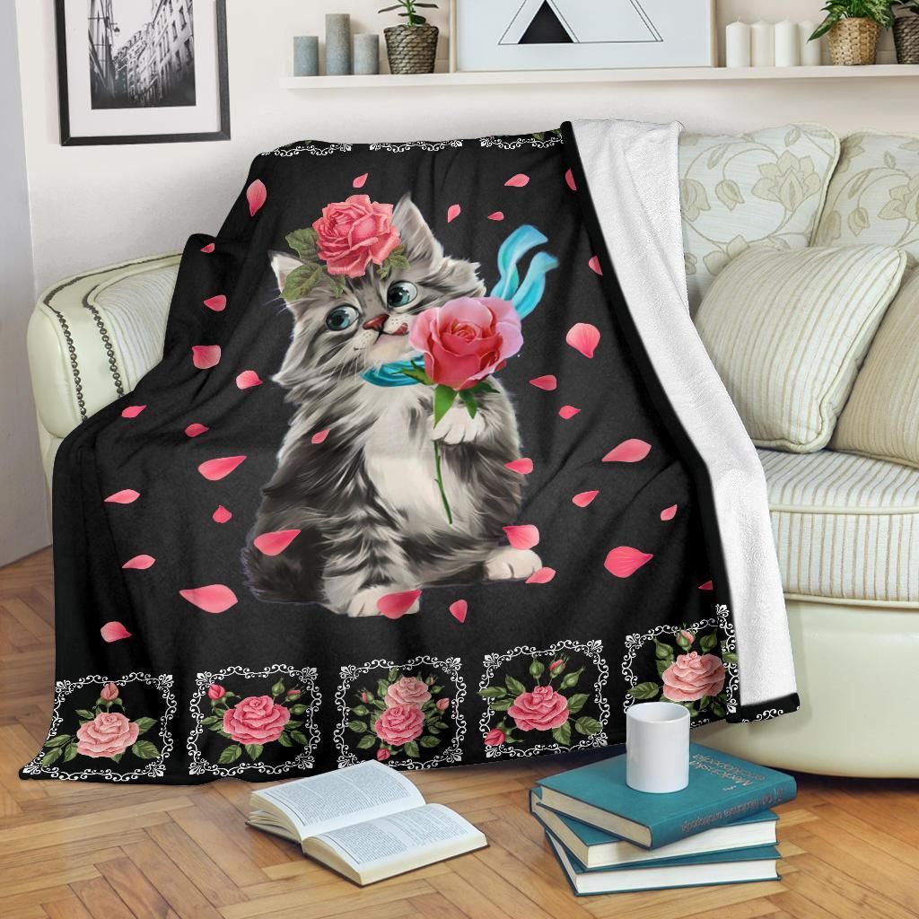 Cat Holding Roses Sherpa Fleece Blanket
