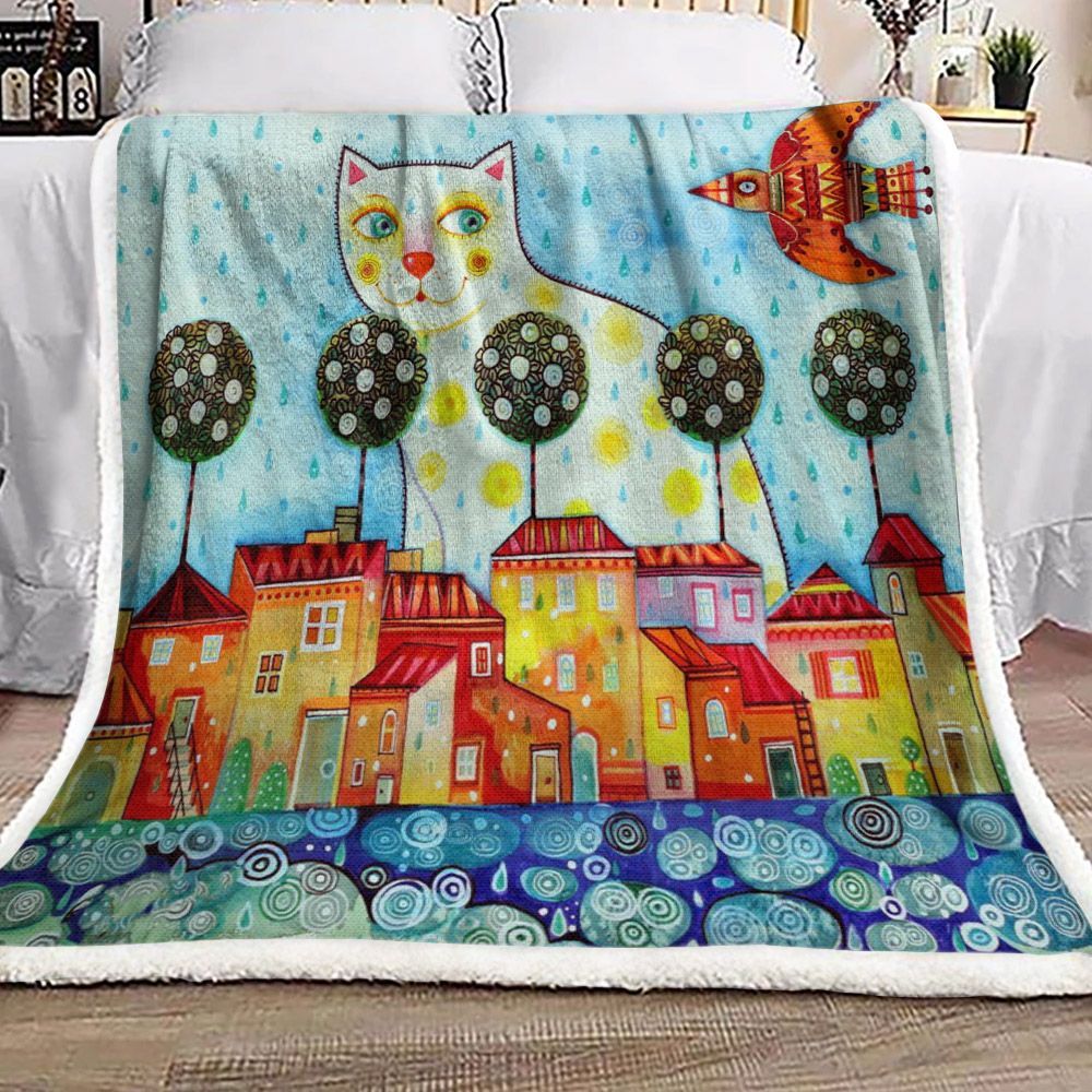 Cat House Bird Tree Sherpa Fleece Blanket