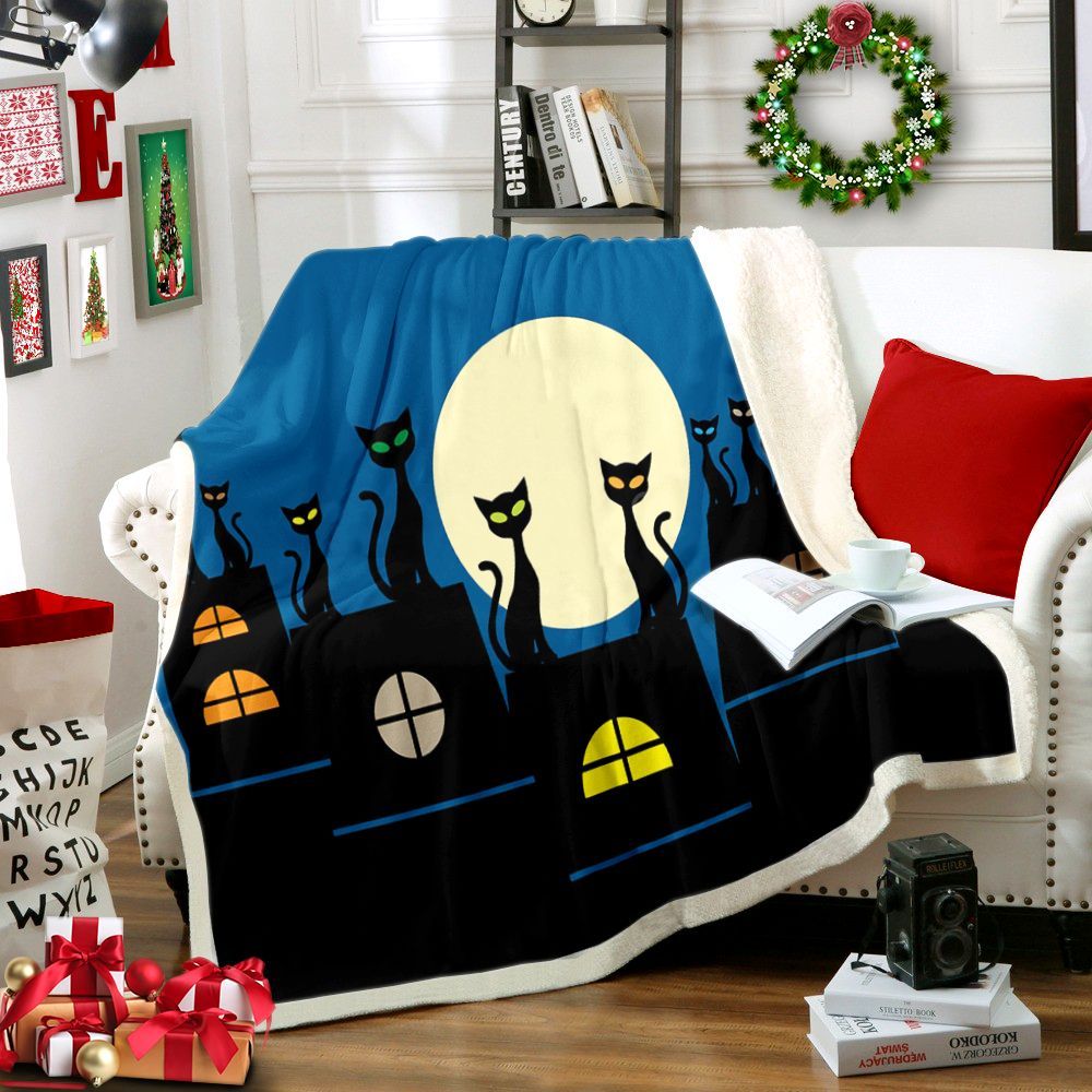 Cat In The Night Sherpa Fleece Blanket