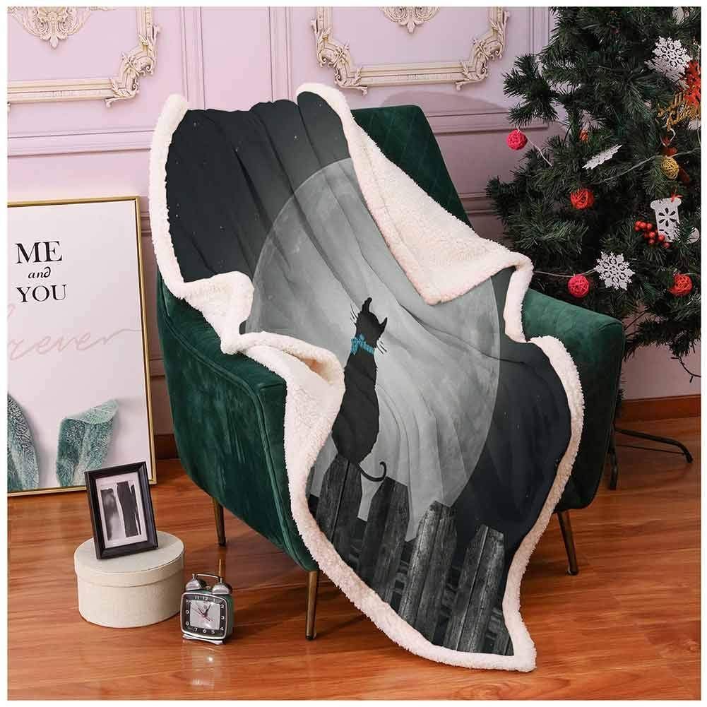 Cat Looking To Full Moon Sherpa Fleece Blanket