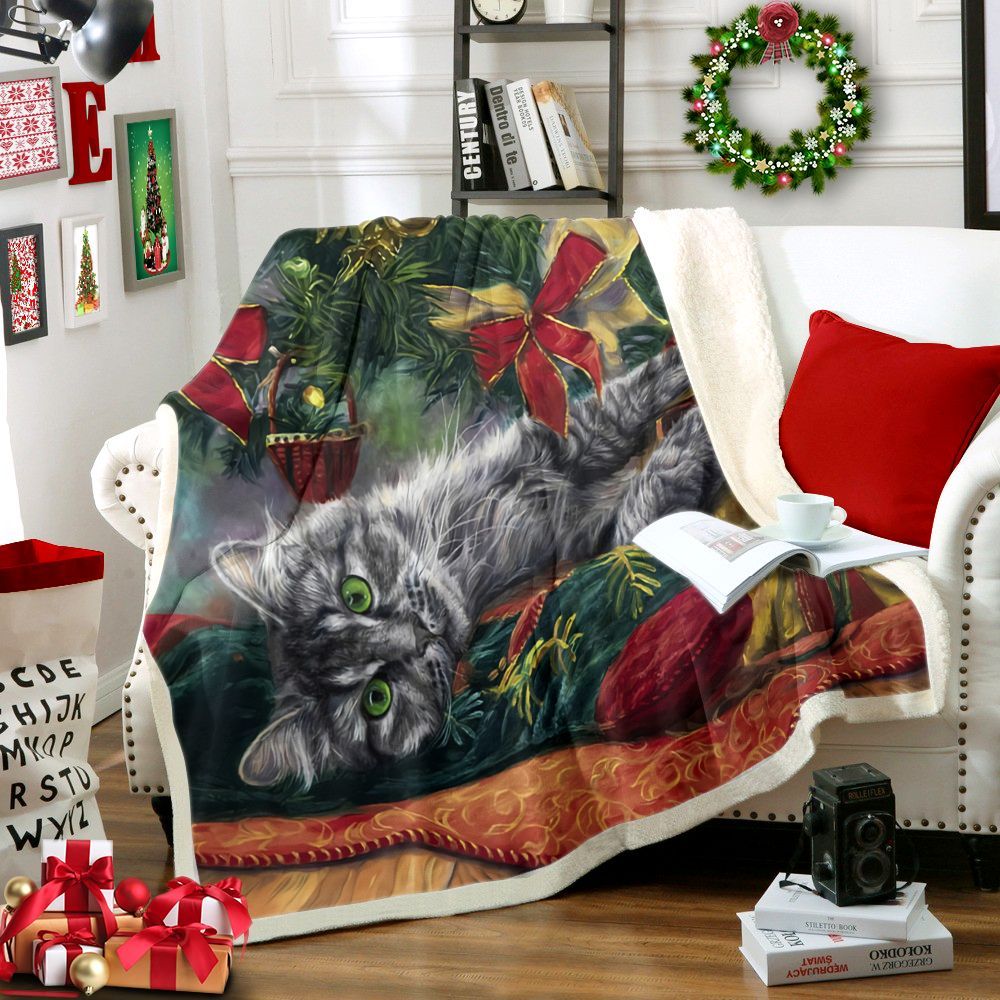 Cat Merry Christmas Sherpa Fleece Blanket