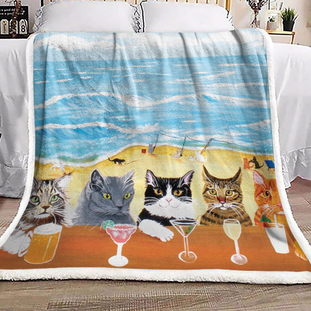 Cat On The Beach Sherpa Fleece Blanket