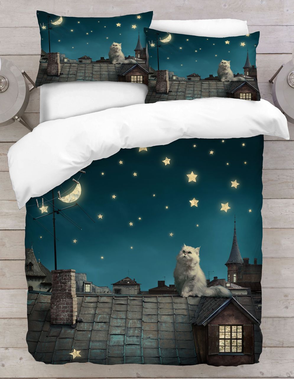 Cat On The Roof With Crescent And Stars In Night 3d Bedding Set